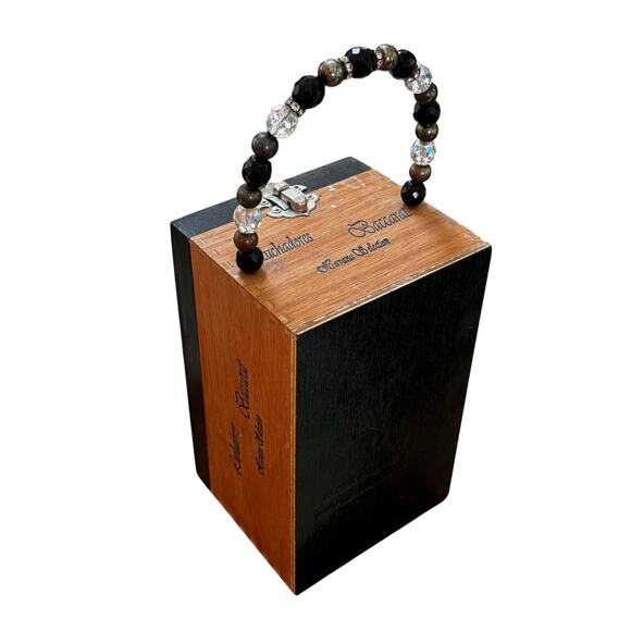 Cigar box purse hand made top handle bag painted beaded lined black tan wood - Picture 3 of 10